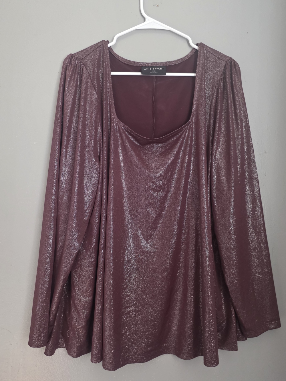 Lane Bryant Metallic Plum Long Sleeve Scoop Neck Top